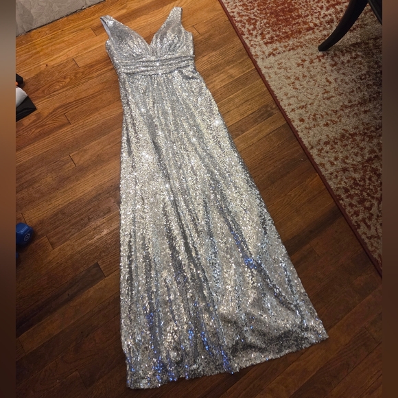 Christina Wu Silver Sequin Evening Gown - Picture 10 of 11